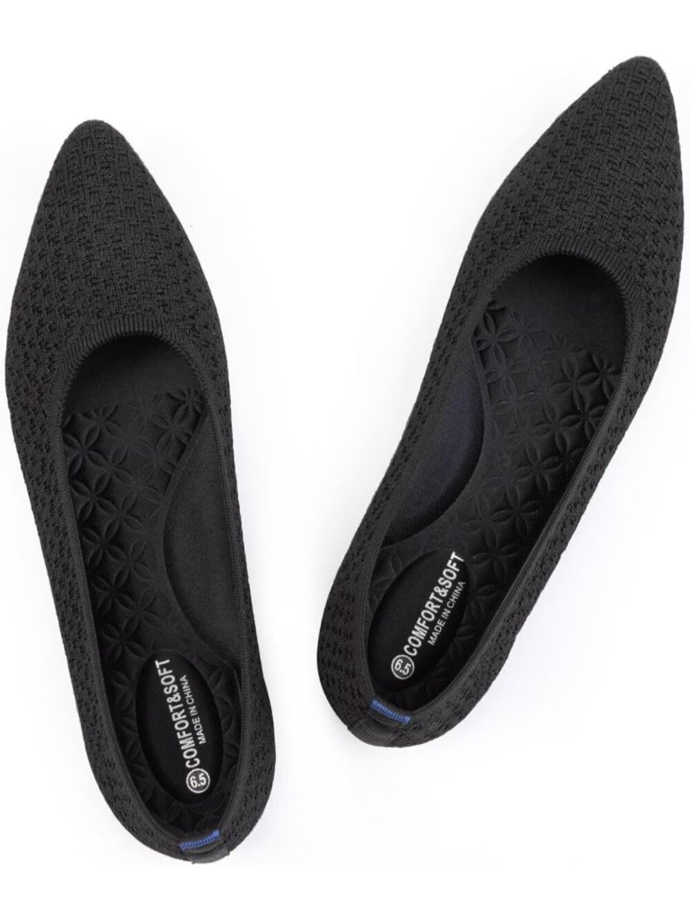 Womens Black Comfort Pointed Toe Softable Pull On Knit Dress Casual Flat Shoes